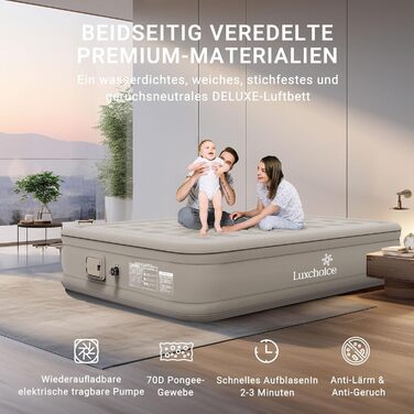 Надувне ліжко 2 персони, самонадувна повітряна матрац з портативним насосом, преміум тканина, антизносне та антишум, для кемпінгу або дому