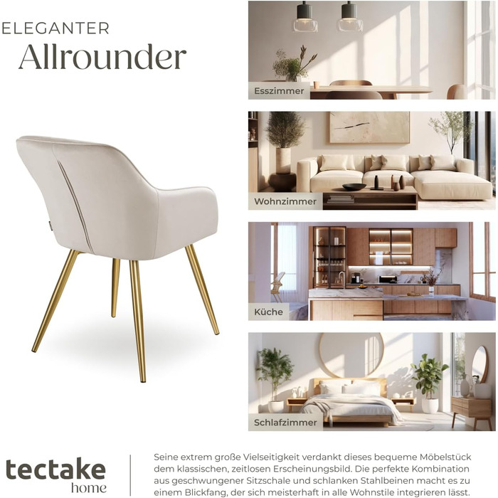 Крісло Tectake Esszimmerstuhl: комфортне крісло з підлокітниками, м'яке крісло з оксамиту, крісло для вітальні, їдальні, офісу, сучасні кухонні стільці, кремово-золотий колір (1 шт., тауп/золотий)