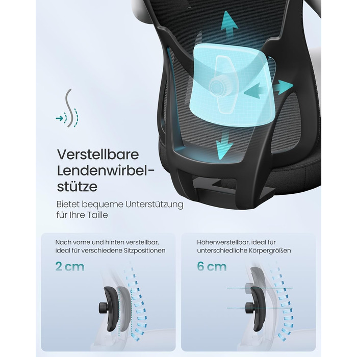 Офісний стіл SONGMICS: ергономічне крісло з регульованою поперековою та підголовною підтримкою, до 150 кг, регульована висота, чорний (OBN066GD01)