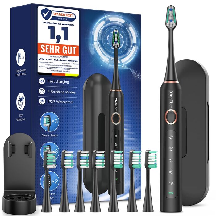 Електрична зубна щітка для дорослих і дітей - звукова, 8 насадок (3 типи), 90 днів роботи, 5 режимів, 50000VPM, кейс для подорожей, таймер, чорна