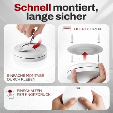 Датчик диму Rauchmelder на 10 років з батареєю, плоский, 3 шт. у комплекті, без свердління, без світлодіодного індикатора, для дому та офісу