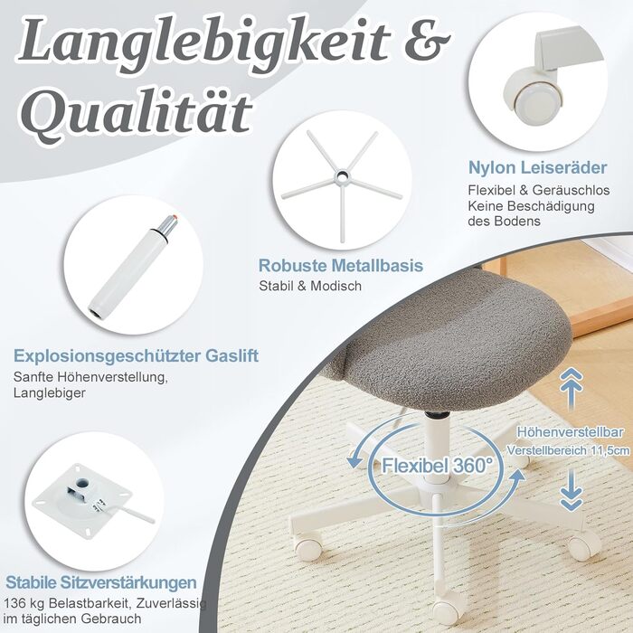 Офісний стілець Bonnlo з роликами, стілець до туалетного столика, регульований по висоті, для робочого кабінету, спальні, home office, з м'якої тканини Teddy, білий (сірий)