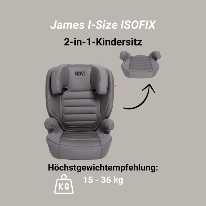 Дитяче крісло/автокрісло Novi Baby James Premium i-Size ISOFIX, від 3,5 до 12 років, від 100 до 150 см, регулюється до бустера, регульований по висоті підголівник, знімна спинка (сіро-коричнева)