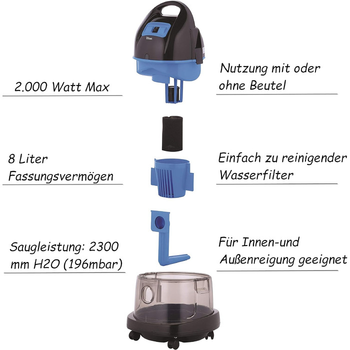 Водяний пилосос Zilan з водяним фільтром Потужність всмоктування H20 Пилосос без мішка ЕК А 2,000 Вт Пилосос Пилосос без мішка Шланг 360 Пилосос