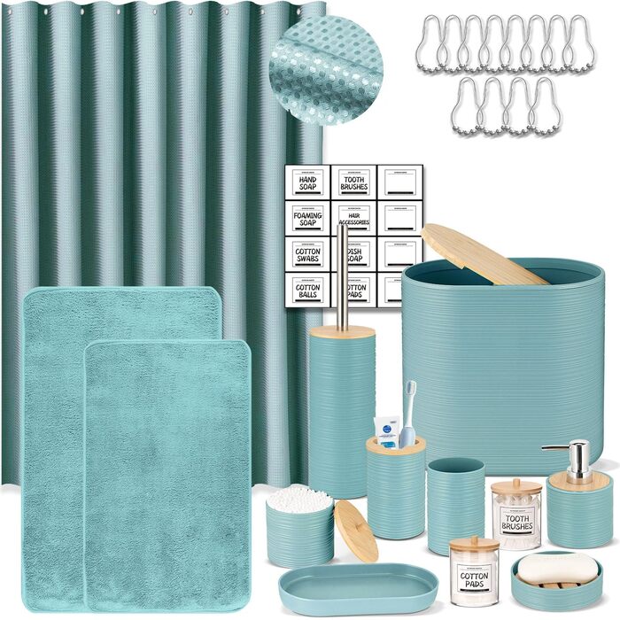 Набір аксесуарів для ванної кімнати IMAVO, 9 предметів: сміттєвий бак, дозатор мила, мильниця, тримач для зубних щіток, стакан для зубних щіток, тримач для унітазного йоржика, диспенсер для ватних паличок (Блакитний, 26 предметів + шторка для душу з факту