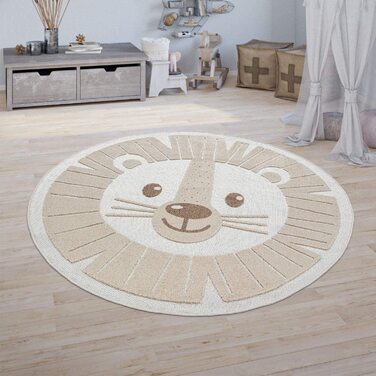 Домашній вуличний килим для дитячої кімнати TT, дитячий круглий ігровий килимок з 3D-зображенням лева бежевого кольору, розмір (діаметр 200 см круглий)