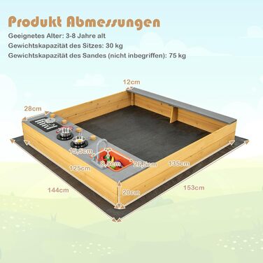 Пісочниця DREAMADE 135x125x20 см з сосни для вулиці: пісочний набір з аксесуарами та лавкою