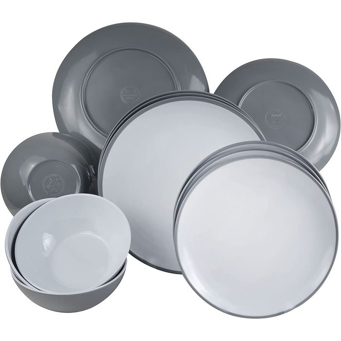 Меламіновий набір посуду для 4 осіб - 16 предметів - сірий білий - зі склянкою для пиття сірий 300 мл Кемпінговий посуд Кемпінговий посуд (16 предметів - склянка для пиття прозора 450 мл)