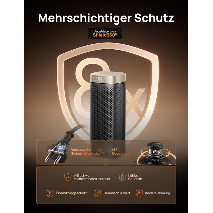 Електричний обігрівач DREO Solaris Slim H2, 2000W, керамічний, з термостатом, таймером, 3 режими, осциляція 70°, захист від перегріву та перекидання, золотий