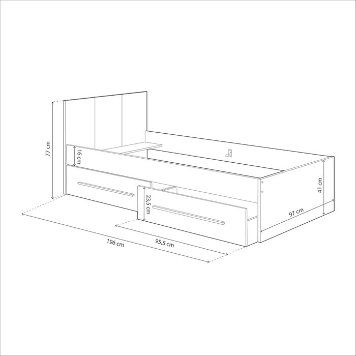 Ліжко дитяче Habitdesign Noa з 2 шухлядами, білий та дуб Nodi, 97x77x196 см (без ламелей)