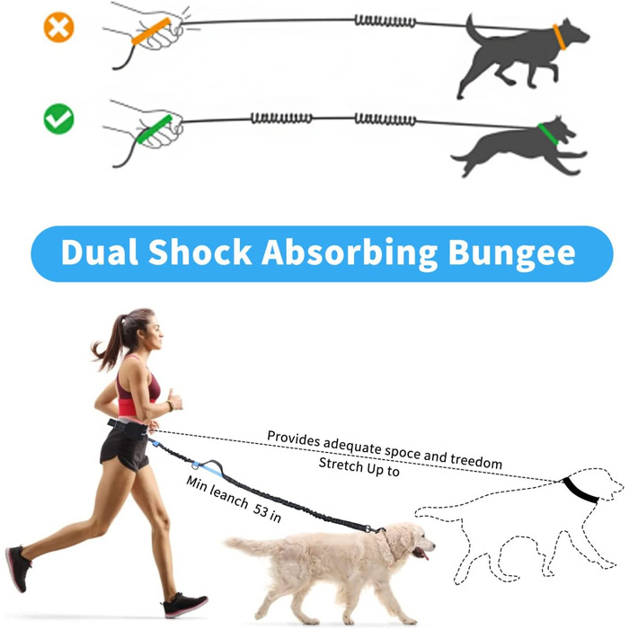 Повідець для бігу Nobleza для собак, повідець для бігу без рук з поясною сумкою, повідець для бігу без рук з регульованим поясним ременем банджі-повідець для бігу без рук