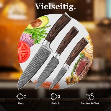 Набір кухонних ножів Wakoli EDIB 3 шт. з дамаської сталі (серцевина VG10) у дерев'яній подарунковій коробці – гострі та ергономічні – набір дамаських ножів з ручками з паккавуда