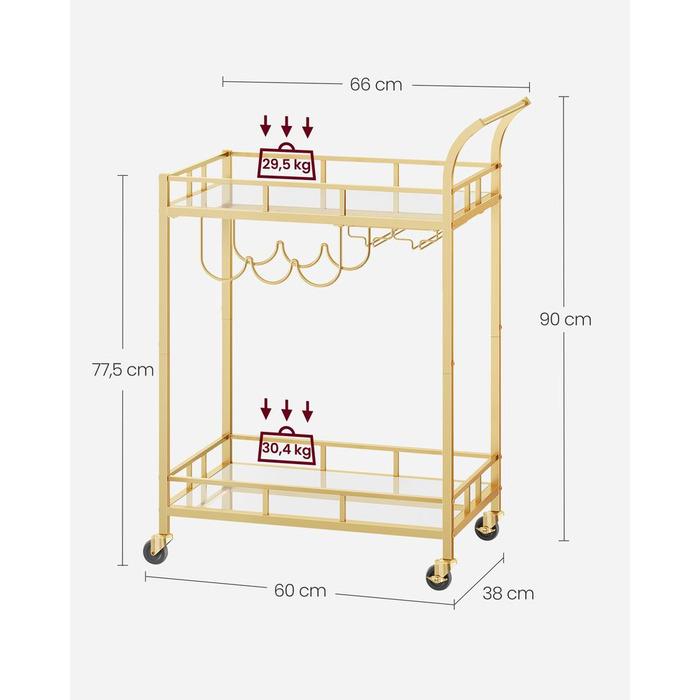 Візок з 2 полицями з дзеркального скла - Gold / 38 x 60 x 90 см