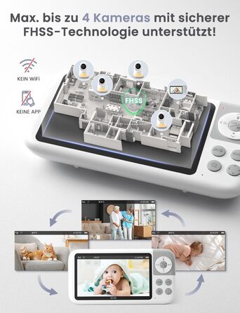 Відеоняня GHB з камерою 5'' HD IPS, 720P, 3050mAh, VOX, Zoom 3X, Нічне бачення, Зв'язок, 8 колискових, Підтримка 4 камер