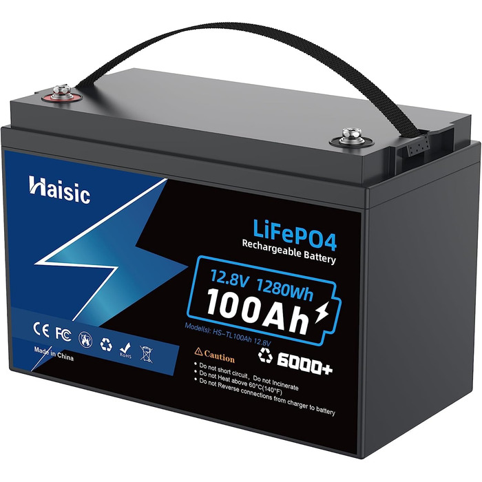 Літієва батарея LiFePO4 100Ah 12V, 10 років, 6000 циклів, 1280 Втгод, IP65, 100A BMS, для автофургонів, човнів, кемпінгу