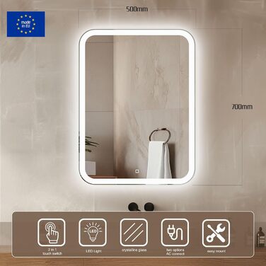 Дзеркало для ванної кімнати Venti 50x70 см з підсвічуванням та сенсорним вимикачем, LED дзеркало для ванної кімнати
