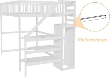 Ліжко-горище Merax для односпального матраца 140x200 см з шафою та сходами, масивне дерево, білий колір (без матраца)