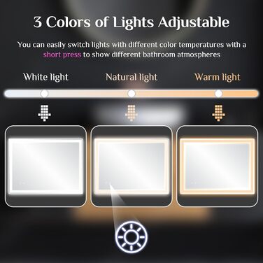 Дзеркало для ванної кімнати Clevich з підсвічуванням 80x60 см, LED, 3 кольори світла, регулювання яскравості, захист від вибуху, сенсорне управління, функція пам'яті, антизапар, 80L x 60B см