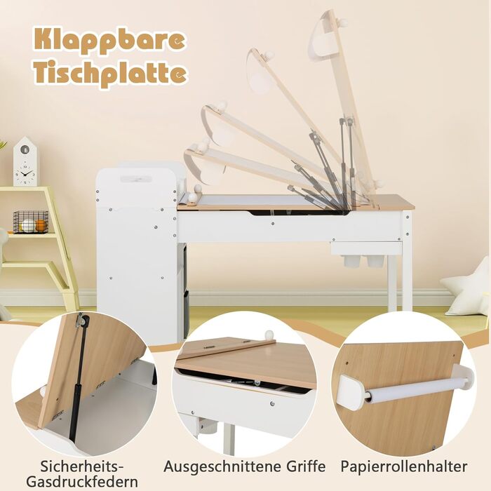 Детский стол Dreamade 3 в 1 с 2 стульями из дерева, стол для рисования с откидной столешницей и 2 тканевыми ящиками & рулон бумаги, детская мебель с хранением для детской комнаты (Натуральный, с 7 секциями)