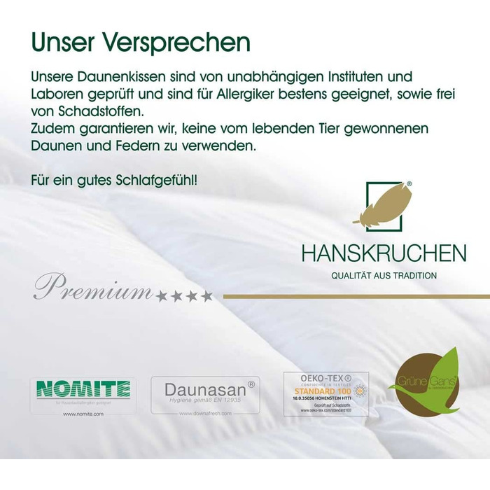 Подушка з пір'я Hanskruchen Premium 40х80 см Зроблено в Німеччині Пухова подушка з 100 бавовни - 70 дрібного пір'я 30 пуху - 630 гр. для алергіків