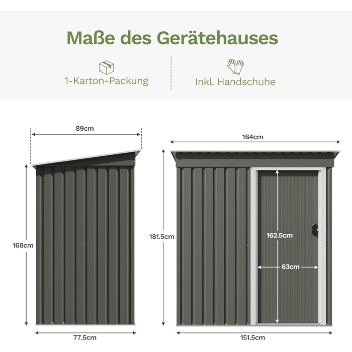 Металевий сарай для інструментів Devoko 96x98x160 см з похилим дахом, сталевий, стійкий до іржі, з рукавичками, замком, для двору, тераси, газону (сірий, S)