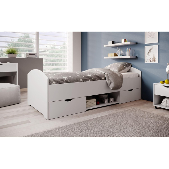 Сучасне односпальне ліжко з 2 ящиками 90 х 200 см - Практичне двоярусне ліжко для молодіжної кімнати в білому кольорі - 96 x 66 x 204 см (W/H/D) Біле односпальне
