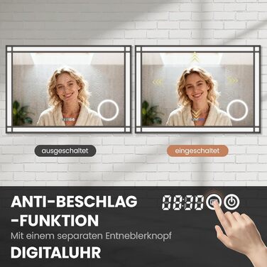 LED дзеркало для ванної кімнати AQUABATOS 50x70 см з підсвічуванням, ефект вікна, сенсорне керування, регулювання яскравості, антизапотівальне покриття, чорний алюмінієвий каркас, індустріальний стиль, годинник, дзеркало для макіяжу