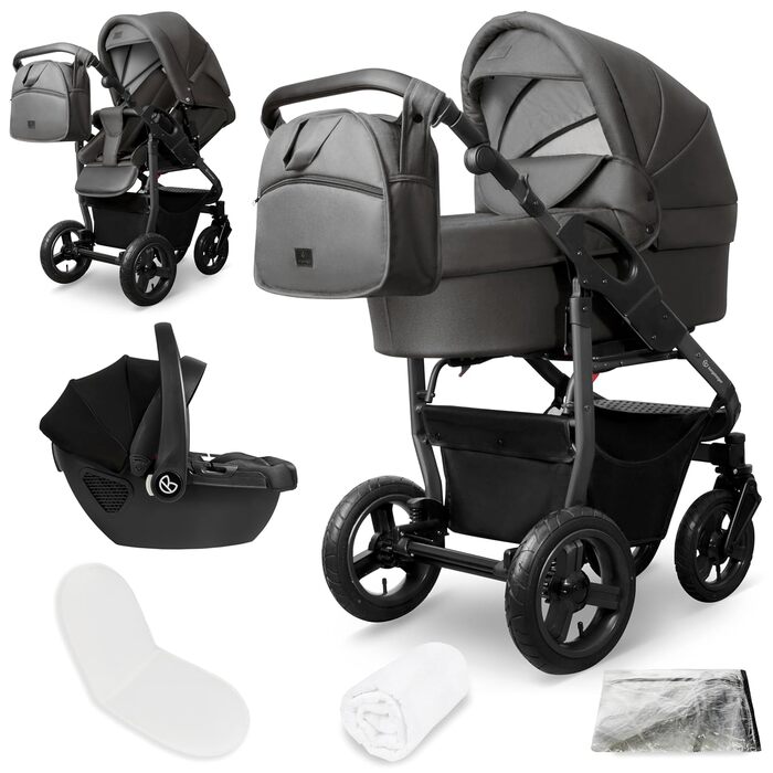 Дитяча коляска Bergsteiger Capri 3-в-1 з люлькою, автокріслом i-Size та ременями, повітряні колеса, амортизація, регульована ручка, складна, аксесуари сірого кольору | Рама: антрацитова коляска + автокрісло