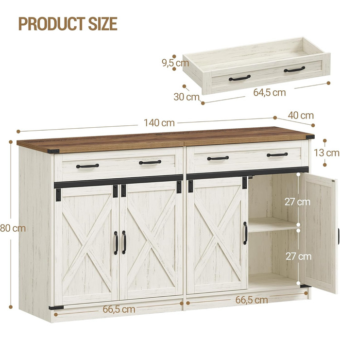Кухонна шафа Hzuaneri з ящиком та 2 дверцятами, шафа для зберігання, регульовані полиці, стиль кантрі, 40 x 140 x 80 см, вінтажний коричнево-білий колір, SC94814X