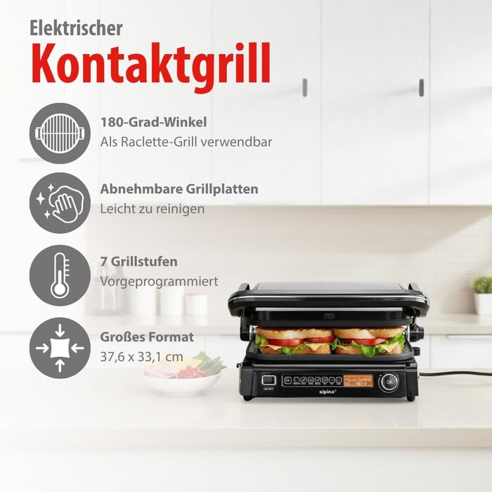 Контактний гриль Alpina Optigrill 2100W: гриль для сендвічів, паніні та овочів з антипригарним покриттям та інтелектуальним режимом приготування