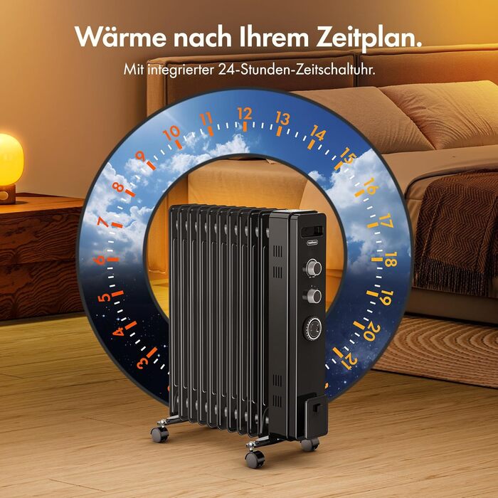Масляний радіатор VonHaus 2.5 кВт з термостатом - білий/чорний, 11 ребер | Електричний обігрівач для дому та офісу