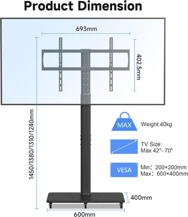 Підставка для телевізора на колесах, регульована по висоті, для екранів 42-70 дюймів, до 40 кг, VESA 600x400 мм