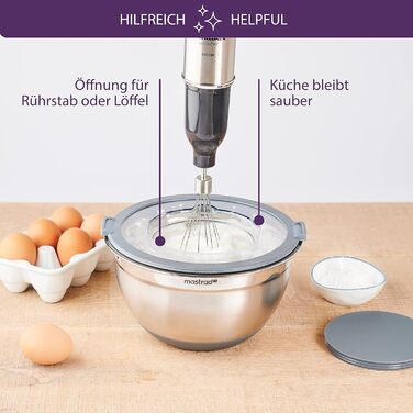 Миска Mastrad з нержавіючої сталі з прозорим кришкою та ручками - 3L, для змішування, випічки, приготування та зберігання продуктів, придатна для миття в посудомийній машині