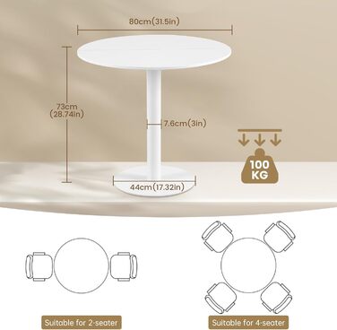 Круглий обідній стіл для кухні, вітальні, балкону - 70x70 см, білий