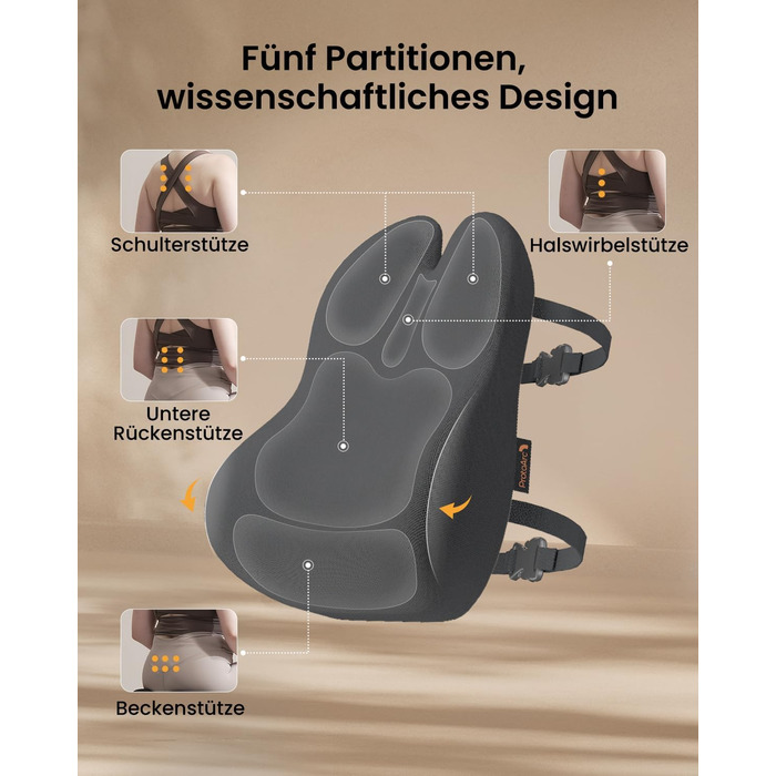 Підпорка для спини ProtoArc з Memory Foam: ергономічна подушка для офісного крісла, авто та робочого столу. Підтримка попереку, дихаюча тканина, регульовані ремені (сірий)