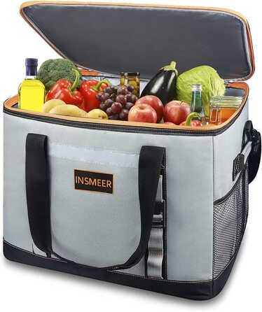 Велика сумка-холодильник складна, 65 Can Термальна сумка для пікніка, сумка-холодильник для ланчу, водонепроникна ізольована сумка для подорожей, пікніка, автомобіля, покупок (сірий), 48L