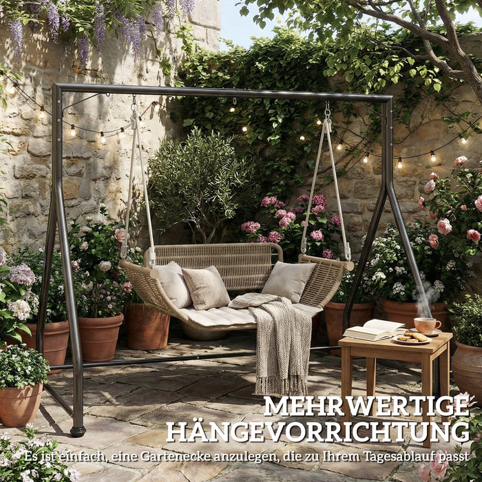 Універсальна міцна стійка для гойдалок, призначена для двомісних/тримісних гойдалок або гамака. Чорний колір.