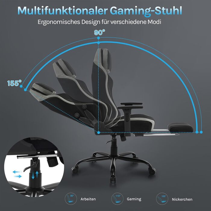 Ігровий крісло WOLTU, офісне крісло ергономічне, з інтегрованим м'яким наповнювачем, адаптивною підтримкою попереку, підніжкою, підлокітниками, оксамитовим покриттям, металевим каркасом, чорний + сірий, GS05szg Чорний+сірий Оксамит