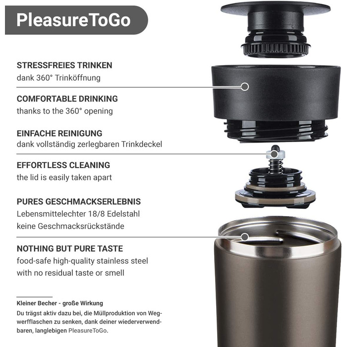 Термальна кружка преміум - класу 'PleasureToGo - 450 мл, не містить бісфенолу А, герметична-тонка кавова кружка з нержавіючої сталі, готова до вживання, ізольована кружка, Дорожня кружка Дорожня кружка з кришкою-360 - отвір для пиття-5 годин гарячого (02 