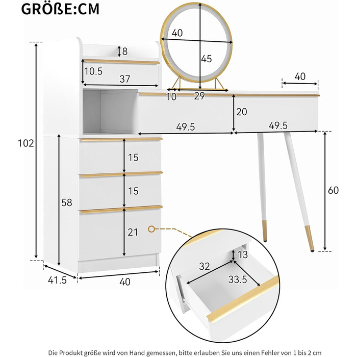 Туалетний столик Merax з дзеркалом та LED-підсвіткою, з поличкою, 6 висувних ящиків, золоті ручки, білий, 102x100x41.5 см (без табуретки)