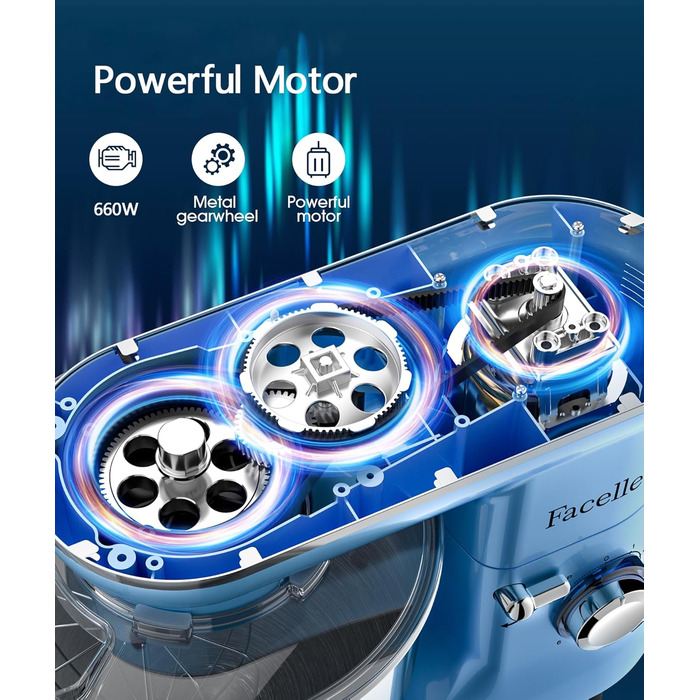 Кухонна машина Facelle 1500W з нержавіючою чашею 6.2L, 6 швидкостей, комплект насадок (блакитна)