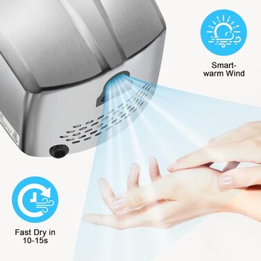 Електричний сушар для рук QL автоматичний з HEPA-фільтром, нержавіюча сталь, настінний, 1150W, срібний