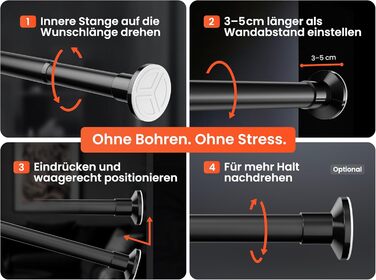 Телескопічна штанга для кріплення 260-310 см, Ø 25 мм, багатофункціональна штанга без свердління - для штор, душових перегородок, ванної кімнати та балкону (50-80 см, матовий чорний)