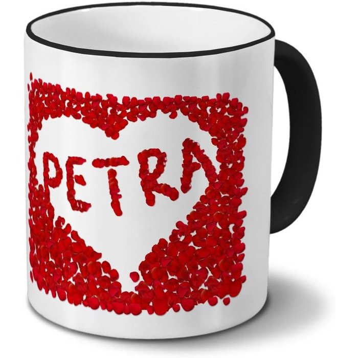 Кружка з ім'ям Петра - Квіткове серце - Іменна кружка, кавова кружка - Колір (Чорний)