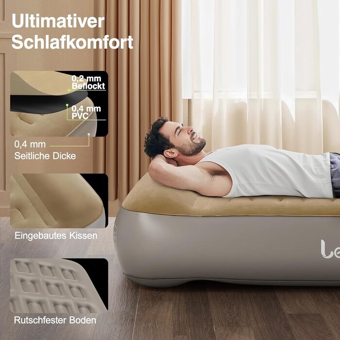 Надувне ліжко Lewondr на 2 особи з вбудованим насосом, 203x152x33 см. З подушкою, самонадувне, для кемпінгу, дому, гостей, подорожей (250 кг MAX), кольору хакі