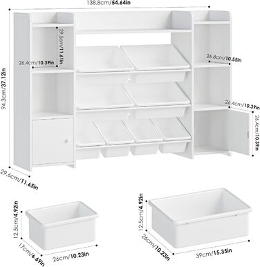 FOREHILL Дитяча полиця з 8 ящиками, дитячий шафчик, полиця для книг для дітей, органайзер для зберігання в дитячій кімнаті, меблі з іграшковою коробкою, 138,8 x 94,3 x 29,6 см, білий