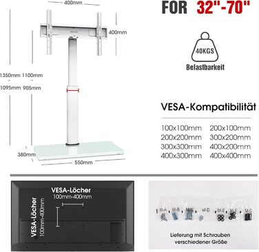 Тумба під телевізор AOKCOS 1350 мм для 32-70 дюймів, Tilt & Swivel, VESA 400x400 мм, 40KG (Біла)