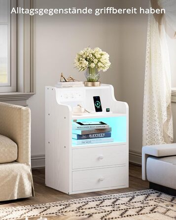 Нічний столик IRONCK з LED-підсвіткою, розеткою та функцією зарядки, з ящиками, білий.