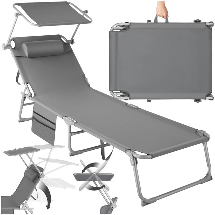 Лежак для відпочинку Tectake®: складаний, портативний, з кишенею, для балкона, тераси, кемпінгу (сірий)