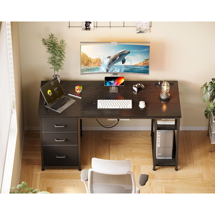 Комп'ютерний стіл Coleshome з висувними ящиками з тканини, 130x48 см. 2 розетки та 2 USB-порти для зарядки. Стільниця з полицею, реверсивний офісний стіл для дому та офісу (Чорний, 130x48x75.7 см)